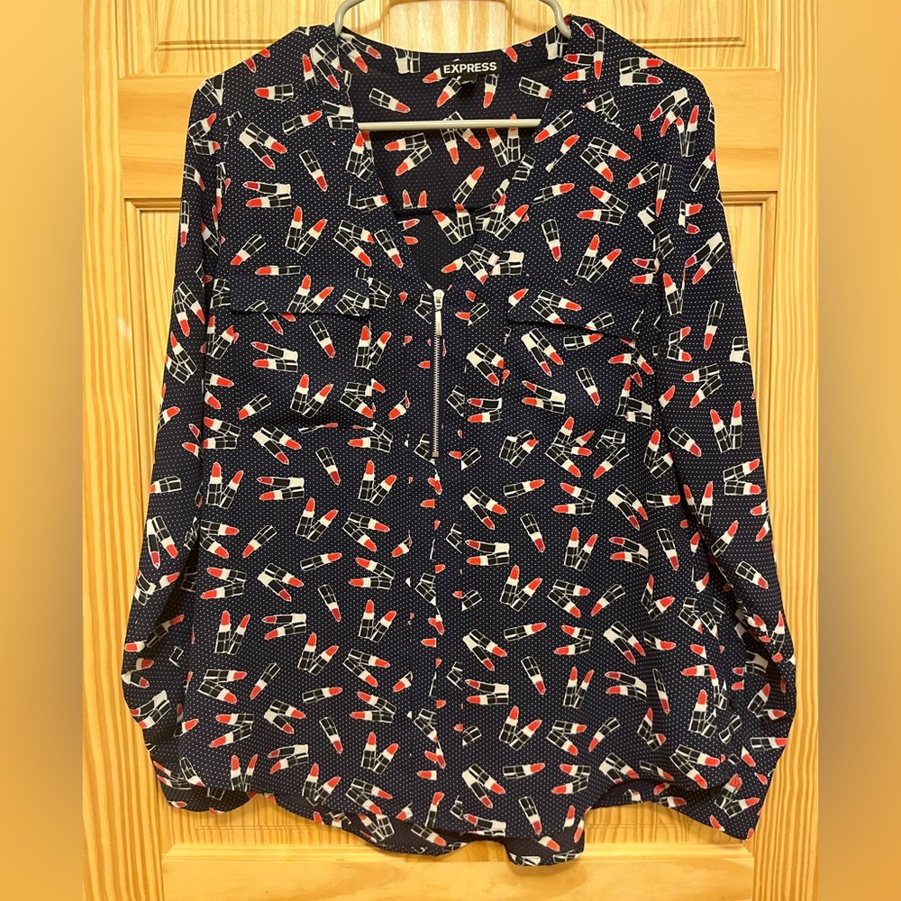 Express Women's Medium Blouse, Navy with Lipstick & Mini Polka Dot Design